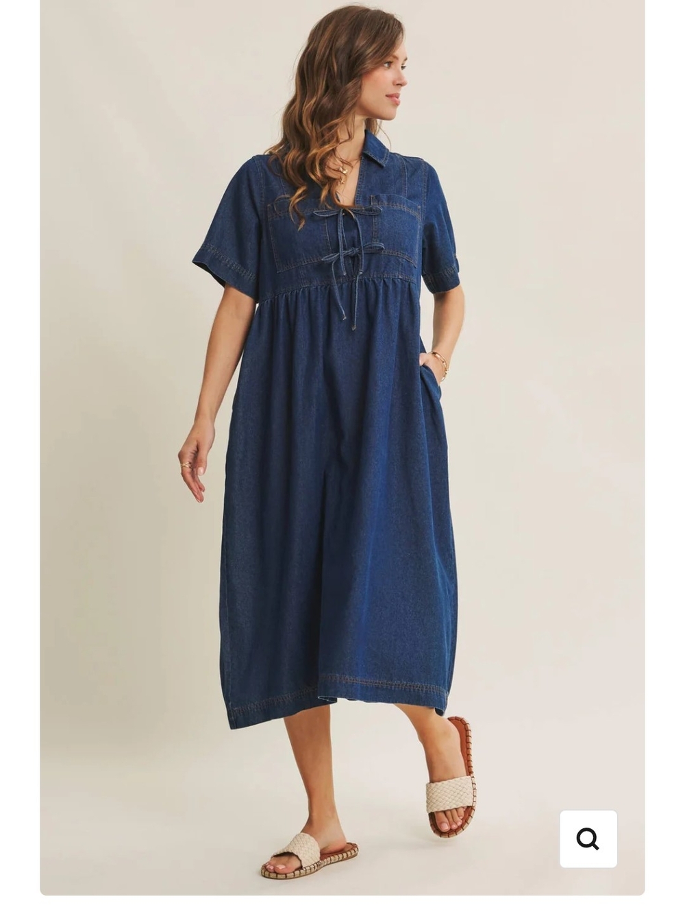 Denim Tie-Front Midi Dress - Navy Blue